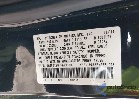 2015 Honda Accord Ex-L V-6 из США, поврежденный, VIN 1HGCT2B87FA003887